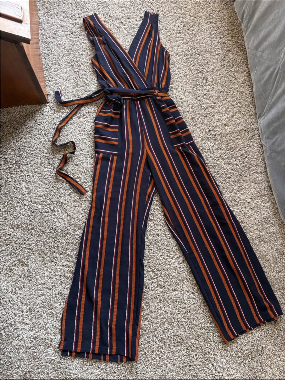 Navy, Rust & Cream Striped Wrap Jumpsuit